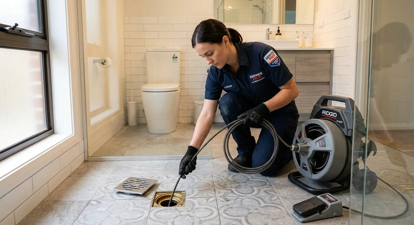 Technician clearing a bathroom floor drain for Sewer Line Installation in Salt Lake City